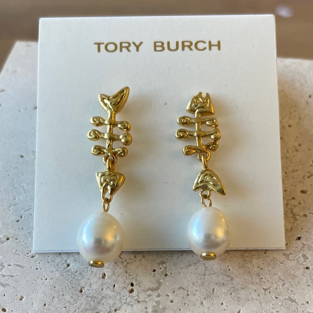 Tory Burch Gold Fishbone Pearl Drop Earrings Novelty Statement
